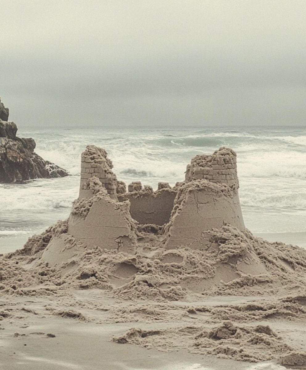 Partially ruined sandcastle on a misty beach with waves crashing in the background – symbolizing transient beauty and nature’s power, beachwear inspiration Autumn-Winter 2026-2027.