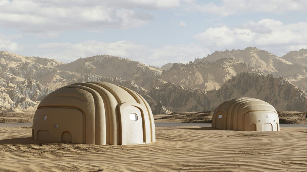 Futuristic desert dwellings with minimal architecture, symbolizing forward-thinking design and sustainable living innovation.