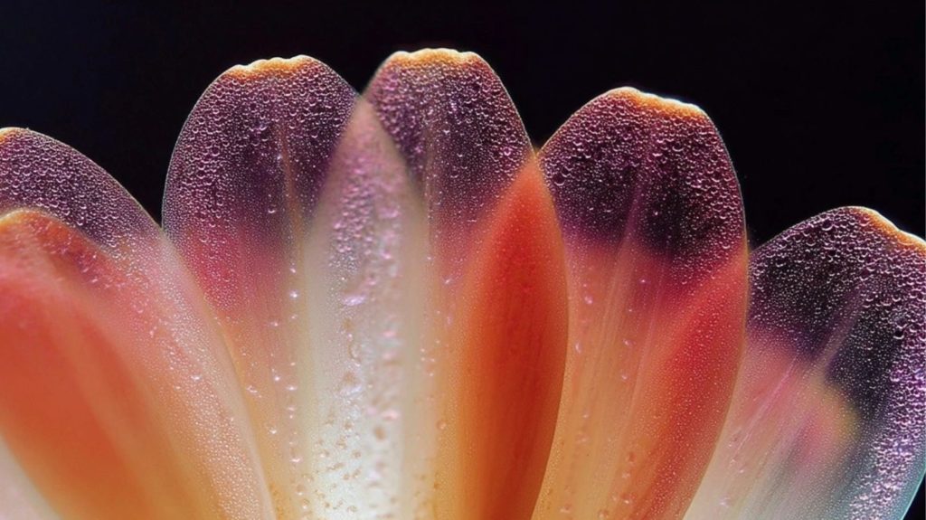 Close-up of delicate flower petals with dewdrops, showcasing soft gradients of peach, lavender, and coral tones — symbolizing tactile beauty and sensory innovation in design.