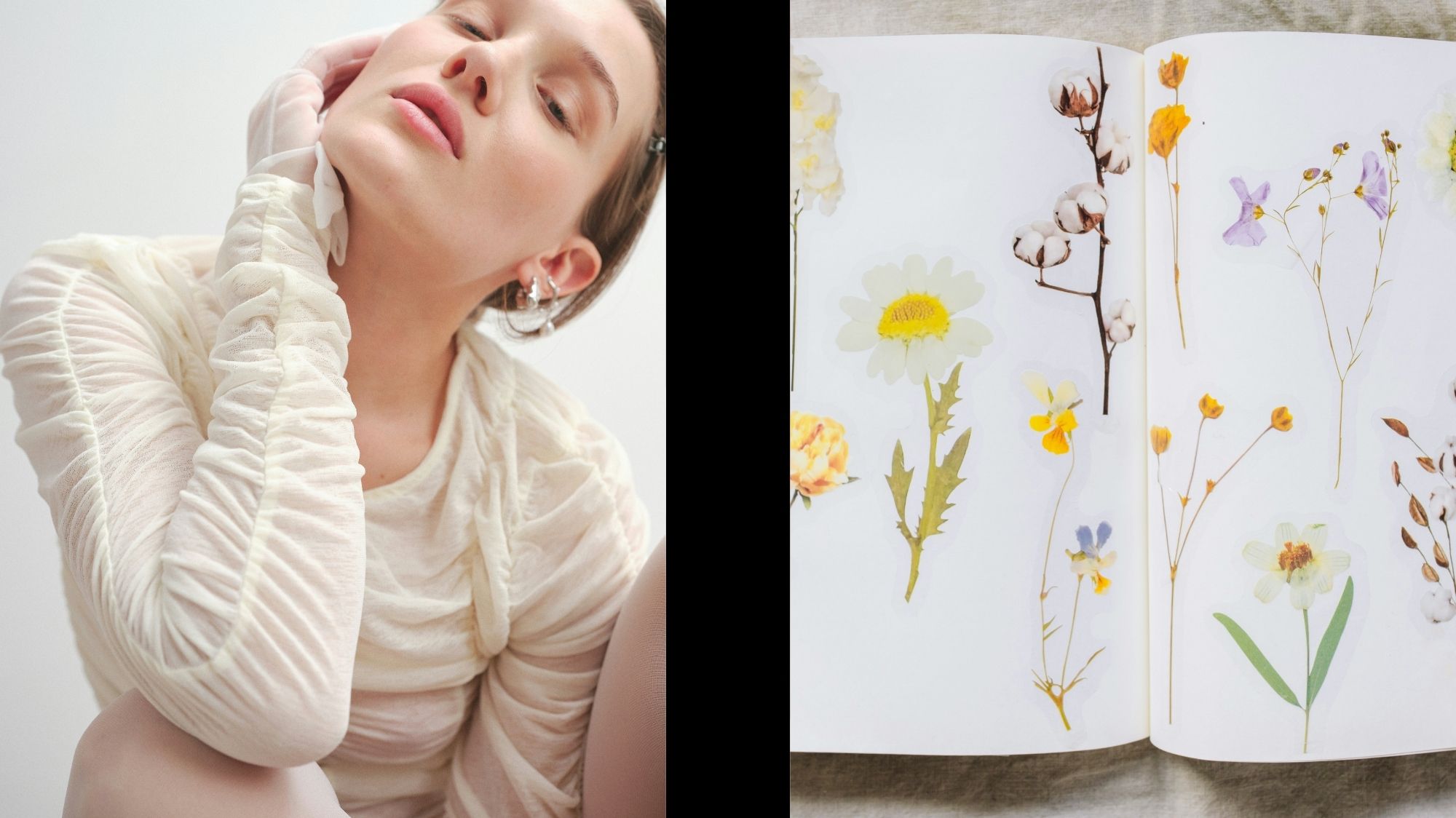 Woman in ruched sheer top paired with botanical illustrations, symbolizing softness and emotional nature in C2 Fashion Studio’s forecast.