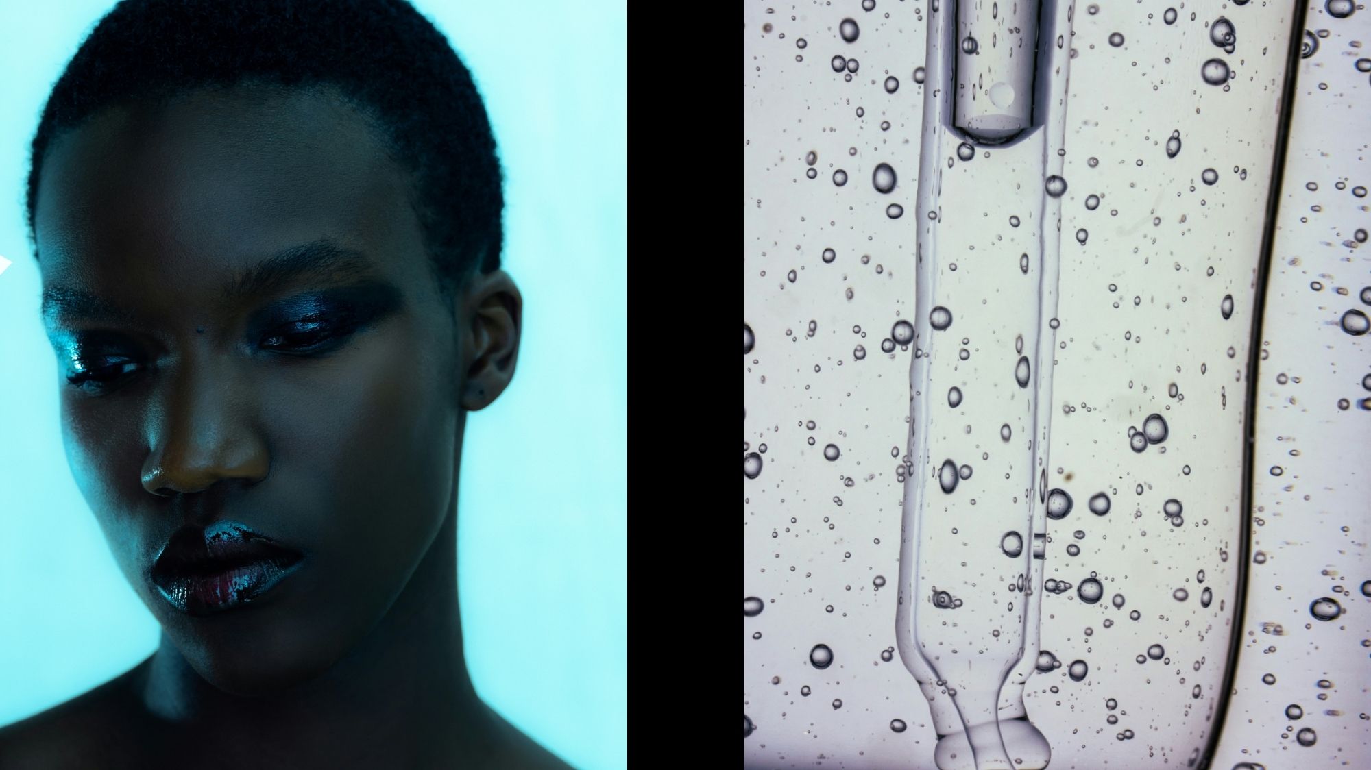 Dual composition featuring a contemplative portrait under cyan light and a close-up of air bubbles in transparent liquid, symbolizing future mythologies and cultural fluidity.