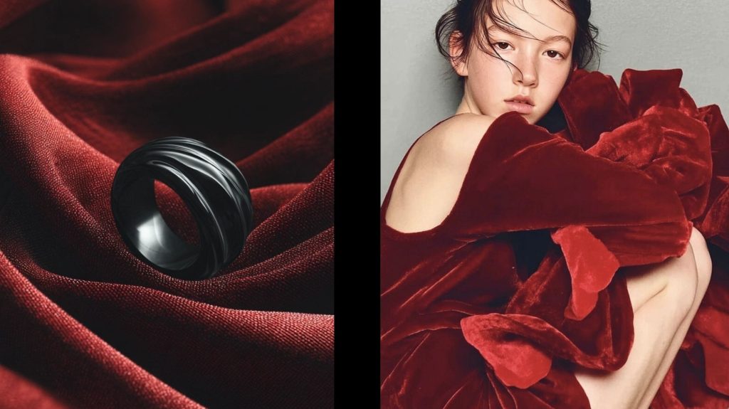 Split image showing a sculptural black ring on red velvet and a woman draped in voluminous crimson fabric, expressing bold jewelry and fashion synergy for AW26/27.