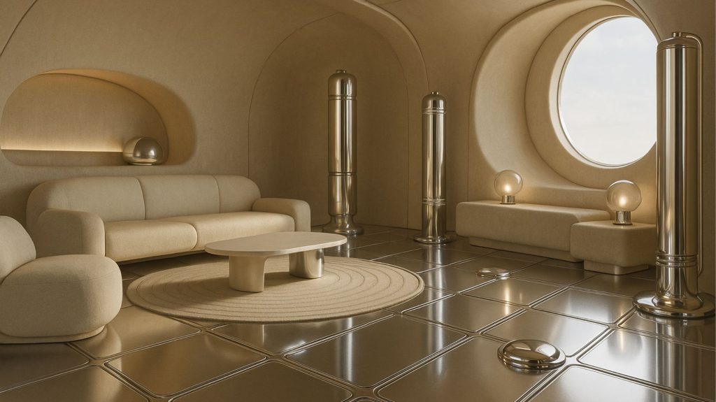 Futuristic minimalist interior with curved architecture, soft beige furniture, metallic finishes, and ambient lighting – a vision of forward-looking design.