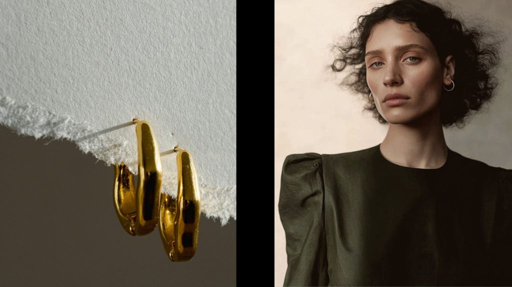 Split image of gold hoop earrings on torn paper and a woman wearing minimalist hoops and an olive green dress, reflecting timeless elegance and sustainable design.