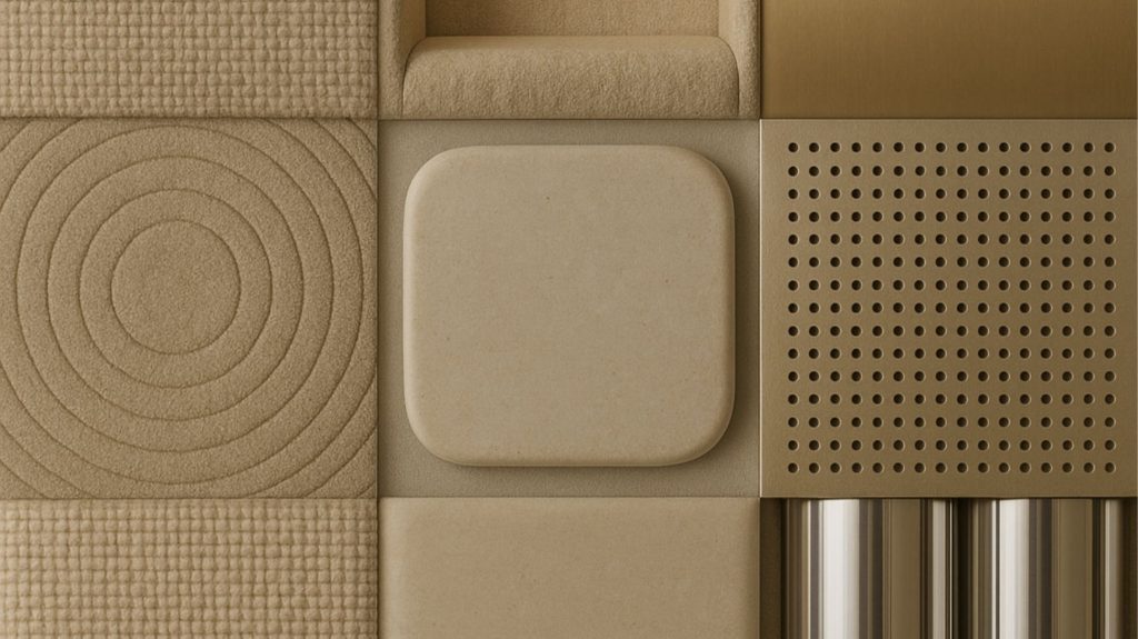 Tactile surface design samples in neutral tones featuring geometric textures, soft upholstery, perforated metal, and circular patterns – a symbol of material innovation.