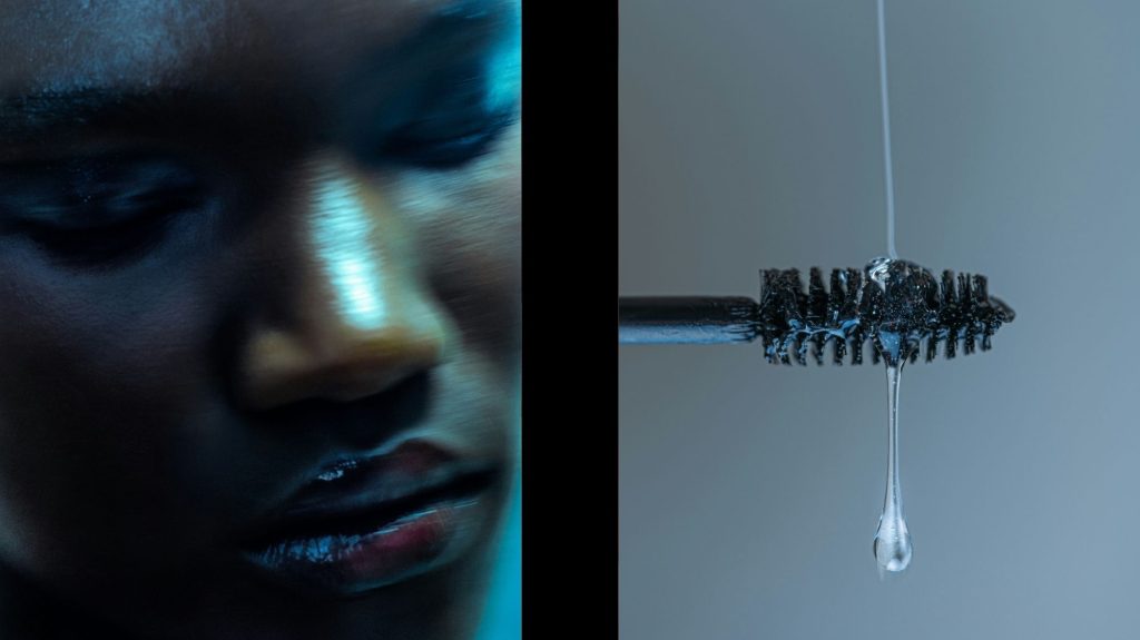 Split composition showing a blurred close-up of a face in cyan lighting and a mascara wand dripping with clear liquid, symbolizing identity and transformation.