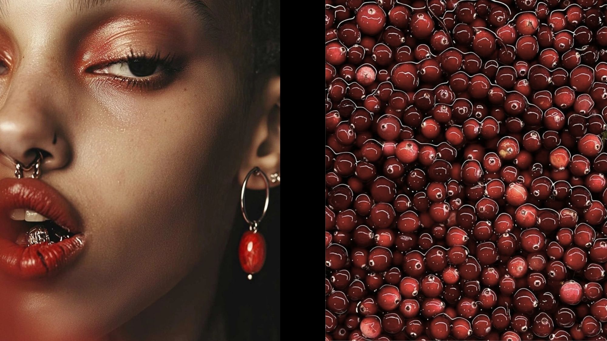 Split image of a model wearing bold red gemstone jewelry and a close-up of glossy red berries, evoking sensuality, texture, and natural symbolism.