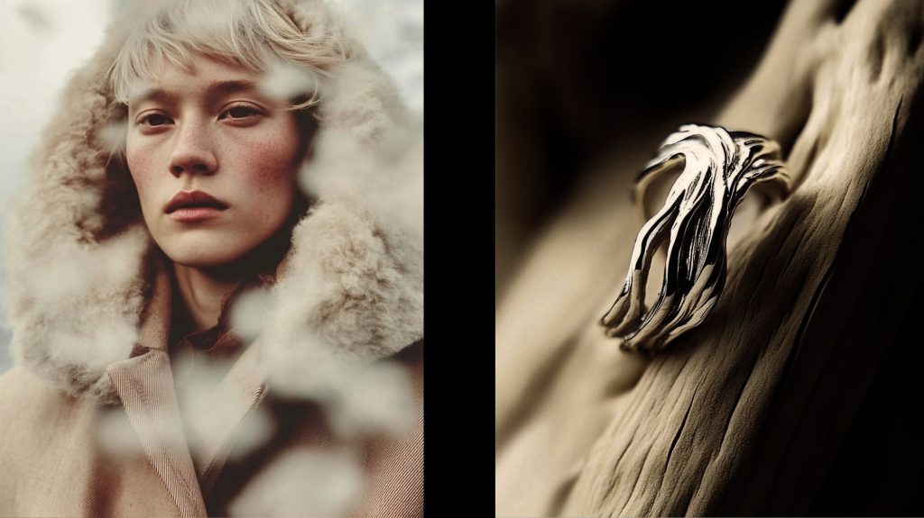 Split image of a model in a fur-lined coat and a sculptural silver ring on driftwood, highlighting natural textures and artisanal design for AW26/27 jewelry trends.