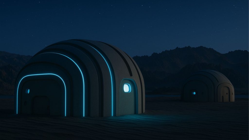Futuristic dome-shaped structures glowing with blue neon light in a desert under a starry night sky, representing visionary design and future living concepts.
