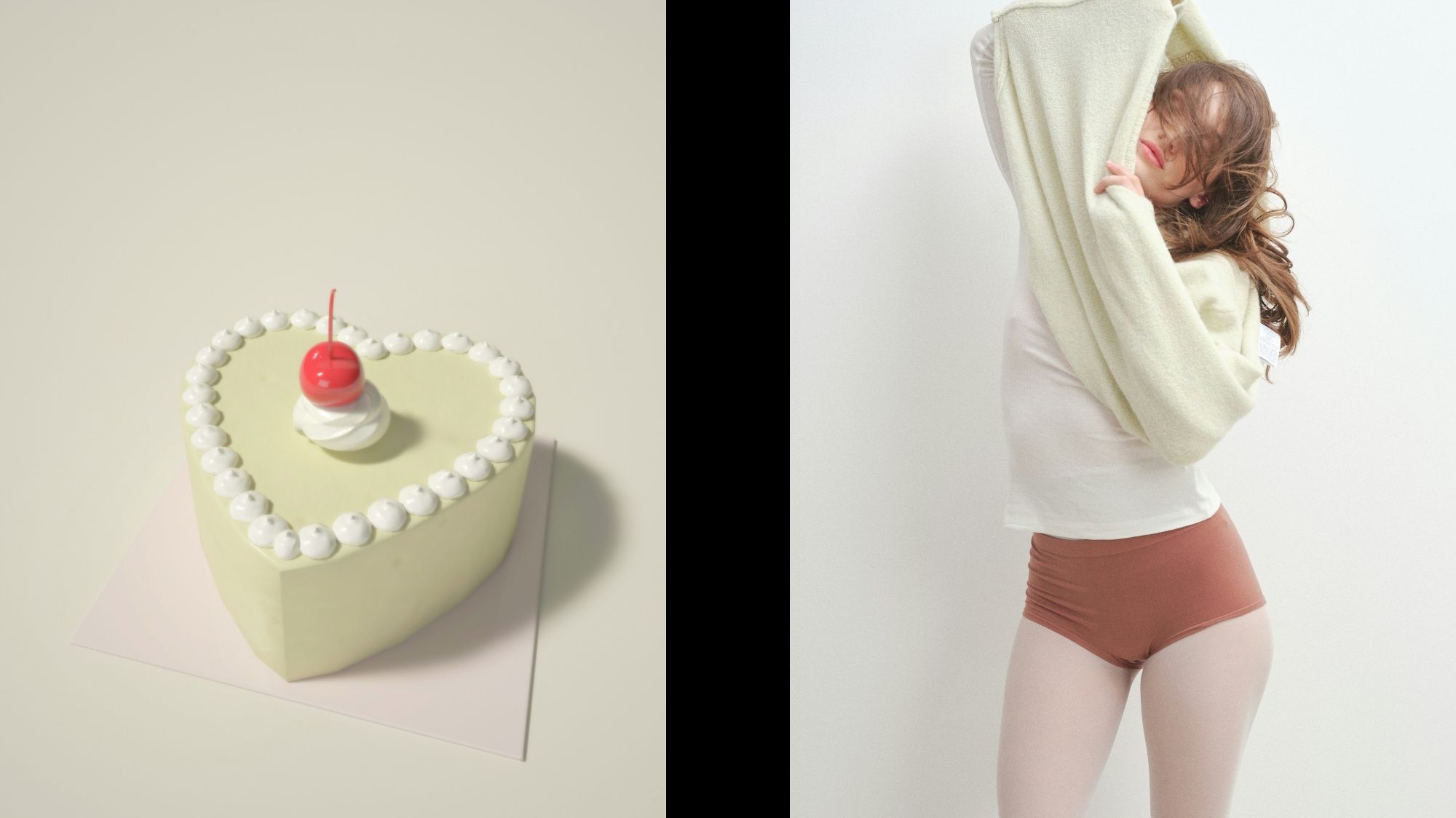Heart-shaped pastel cake and woman in motion dressing in soft layers—symbols of femininity and play by C2 Fashion Studio.