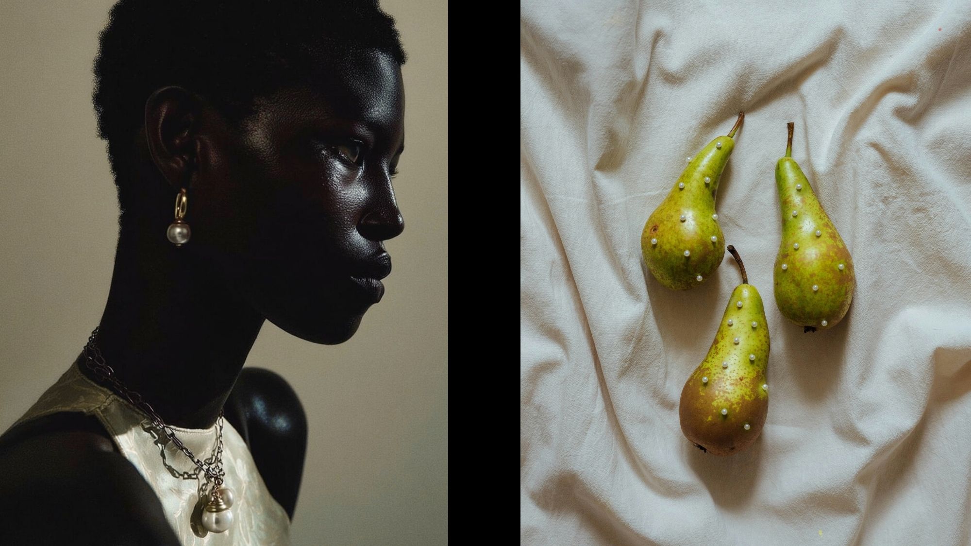Split image of a woman wearing pearl jewelry in soft light and three pears adorned with pearl-like beads on fabric, symbolizing natural luxury and surreal beauty.