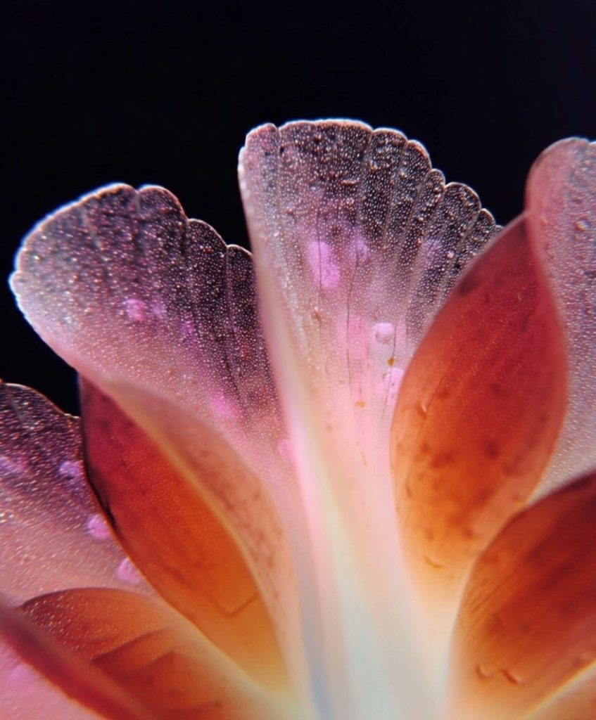 Macro image of a translucent, dew-covered petal structure in radiant hues of pink, violet, and orange, evoking tactile beauty and sensory depth in nature-inspired design.