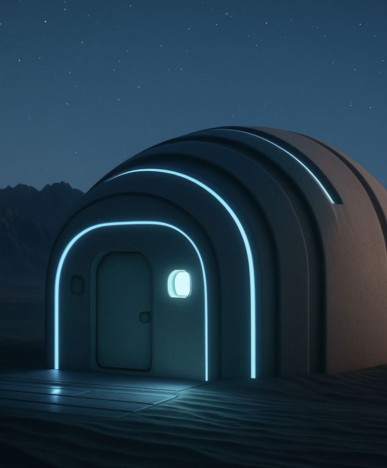 Futuristic dome structure with glowing neon lines under a starry sky, symbolizing innovation and forward-thinking design.