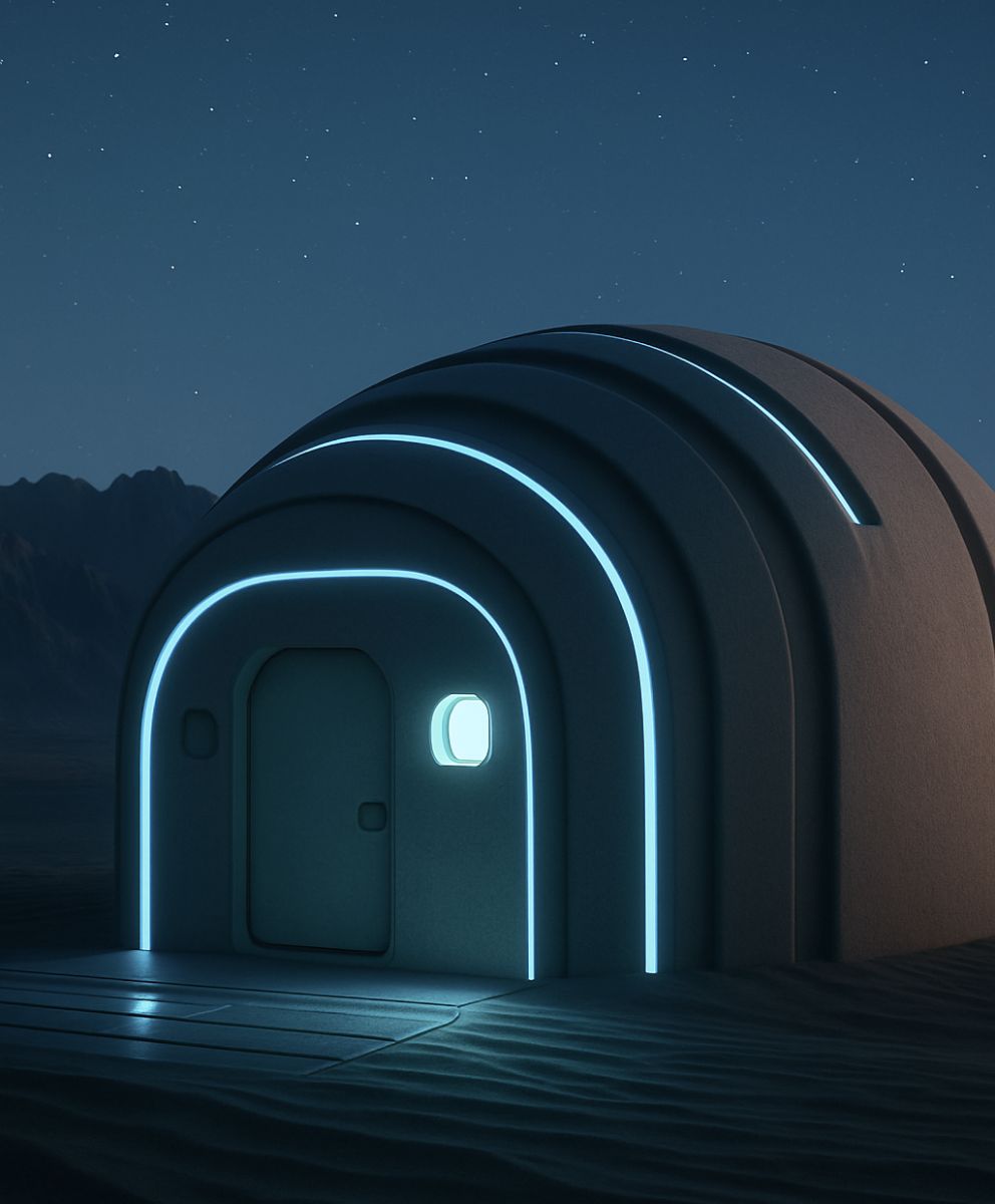 Futuristic dome structure with glowing neon lines under a starry sky, symbolizing innovation and forward-thinking design.