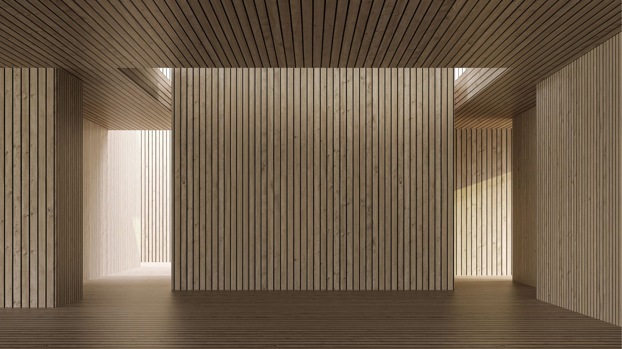 Minimalist wooden interior with vertical slatted panels – Creative Innovations Trend by C2 Fashion Studio.