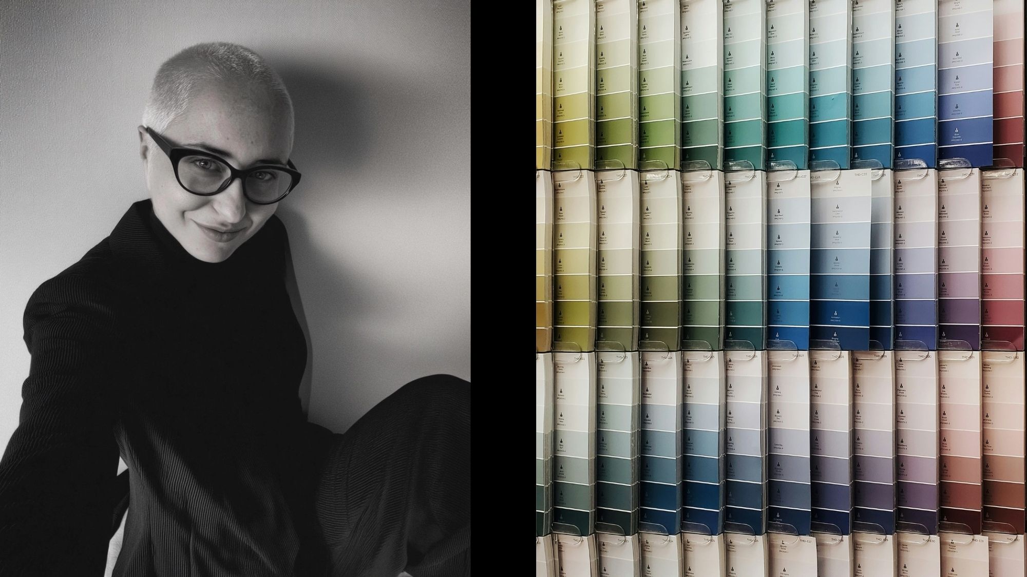 Split image of Cristina Capucci in black and white alongside a display of multicolored paint swatches, symbolizing creative direction and trend insight.