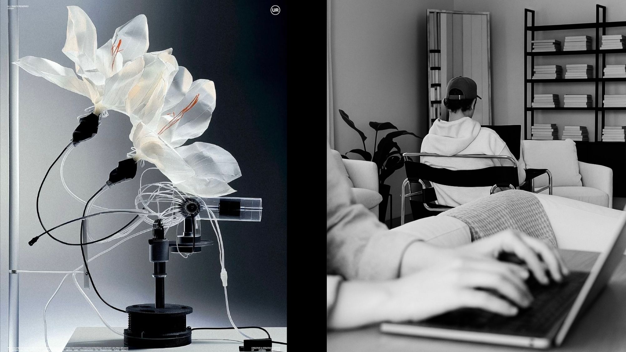 Split image of robotic artificial flowers with translucent petals and a black-and-white scene of people working remotely, symbolizing AI, design, and hybrid futures.