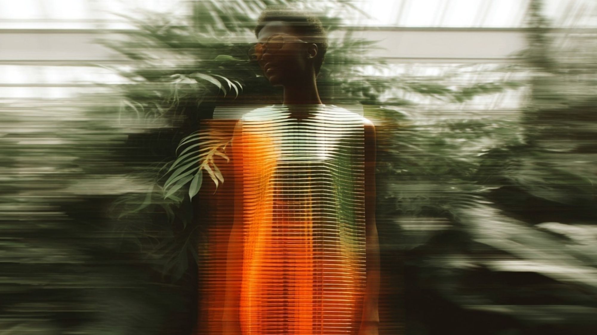 Abstract photo of a model in striped optical dress surrounded by greenery, symbolizing emotional sustainability and regenerative fashion narratives.