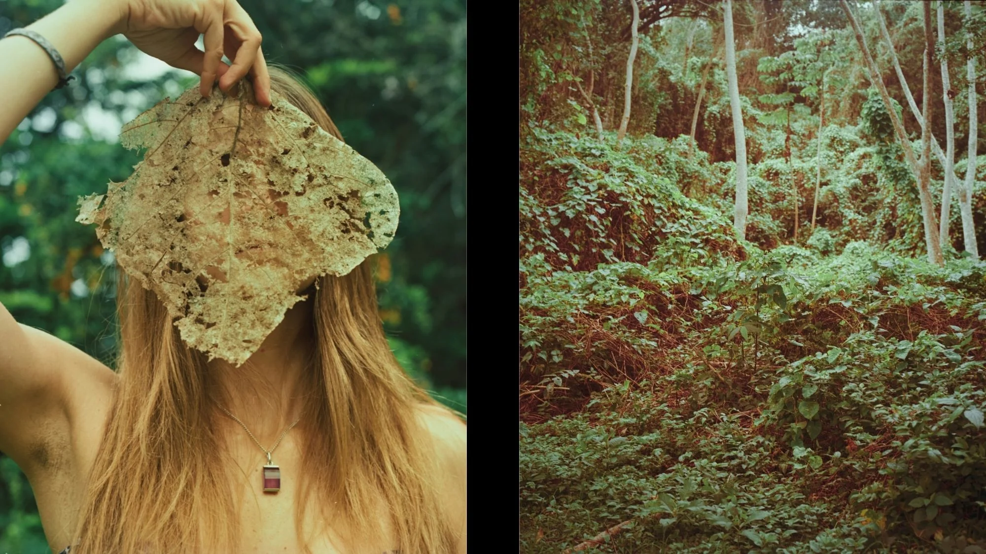 Woman holding a decayed leaf over her face beside a lush green forest — visual metaphor for Extreme Naturalism fashion trend Spring Summer 2027.