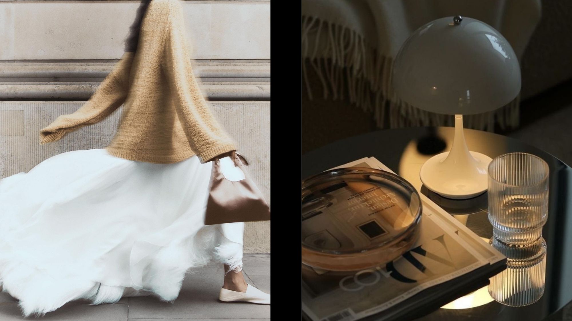 Woman in camel knit and flowing white skirt walking beside a cozy interior scene with a glass of water, lamp, and books — reflecting quiet luxury and emotional refinement.