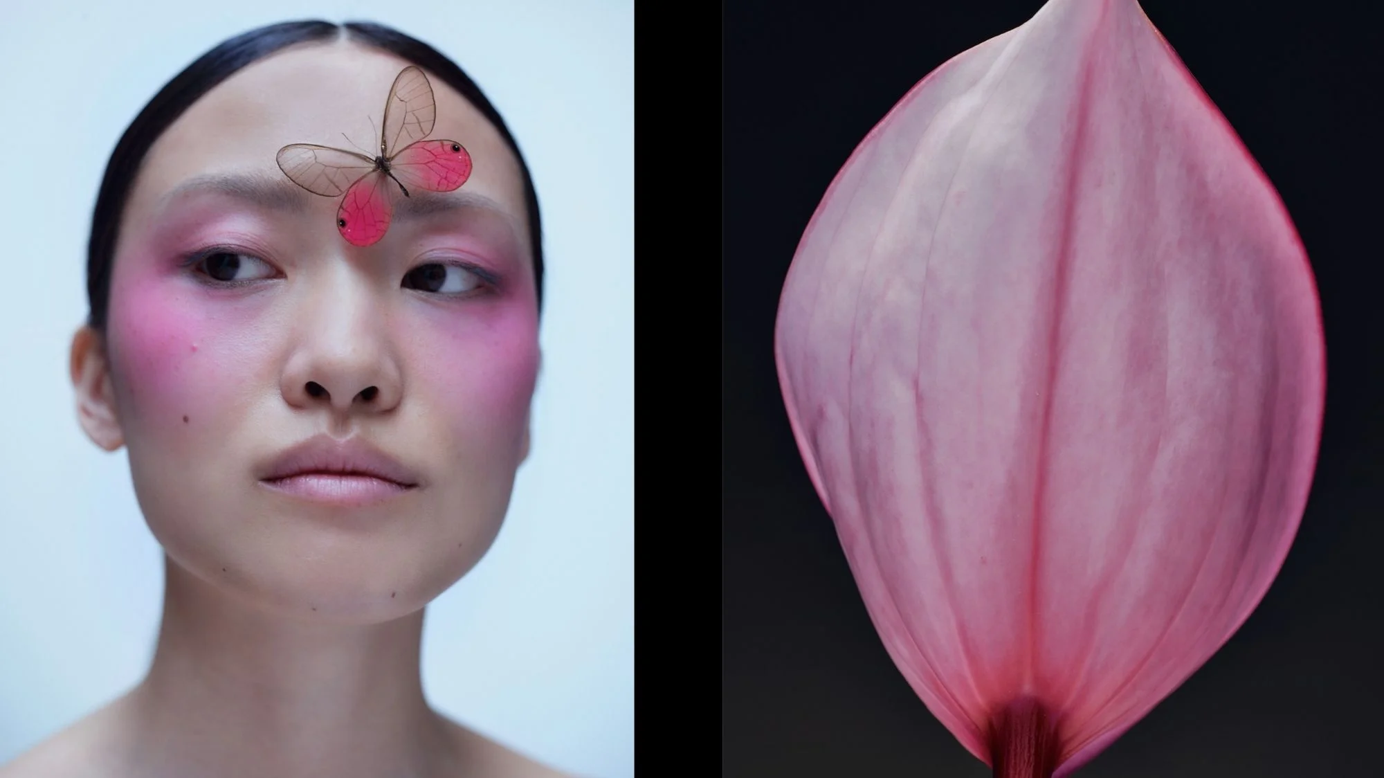 Side-by-side image of model with butterfly on forehead and close-up of pink petal, symbolizing tailored beauty and biomimicry