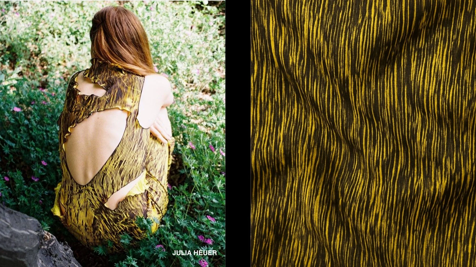 Back view of woman in yellow patterned Julia Heuer dress next to a close-up of the same fabric — reflecting Extreme Naturalism fashion trend SS27.