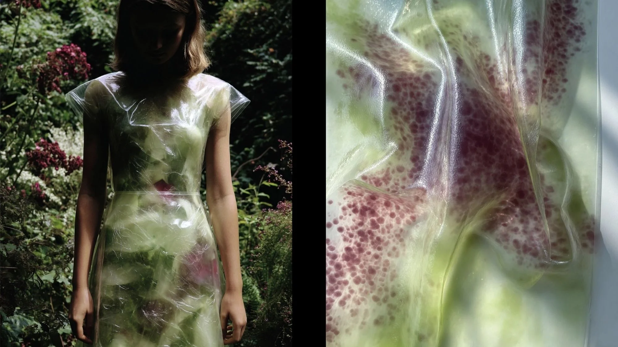 Model in translucent bioplastic dress surrounded by plants, paired with macro detail of organic material — reflecting regenerative fashion innovation.