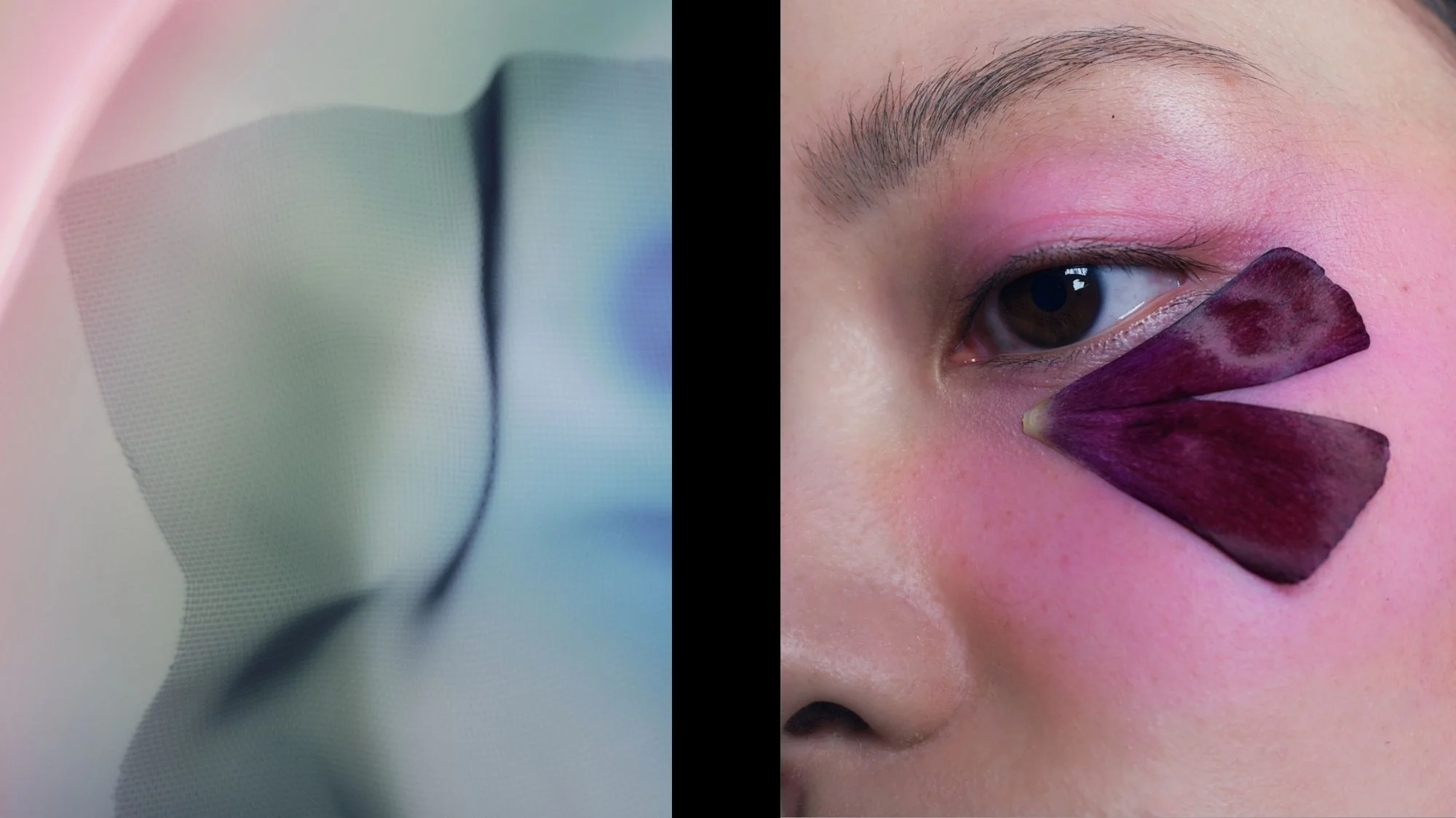 Abstract fabric texture and close-up eye with violet petal—exploring material softness and emotional expression in trend forecasting