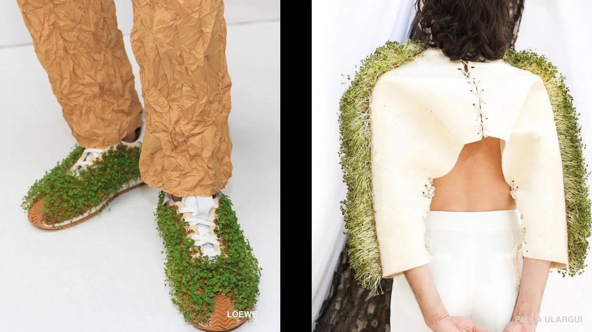 Loewe grass-covered sneakers and Paula Ulargui’s sprouting garment — fashion designs embracing living materials and the Extreme Naturalism trend SS27.