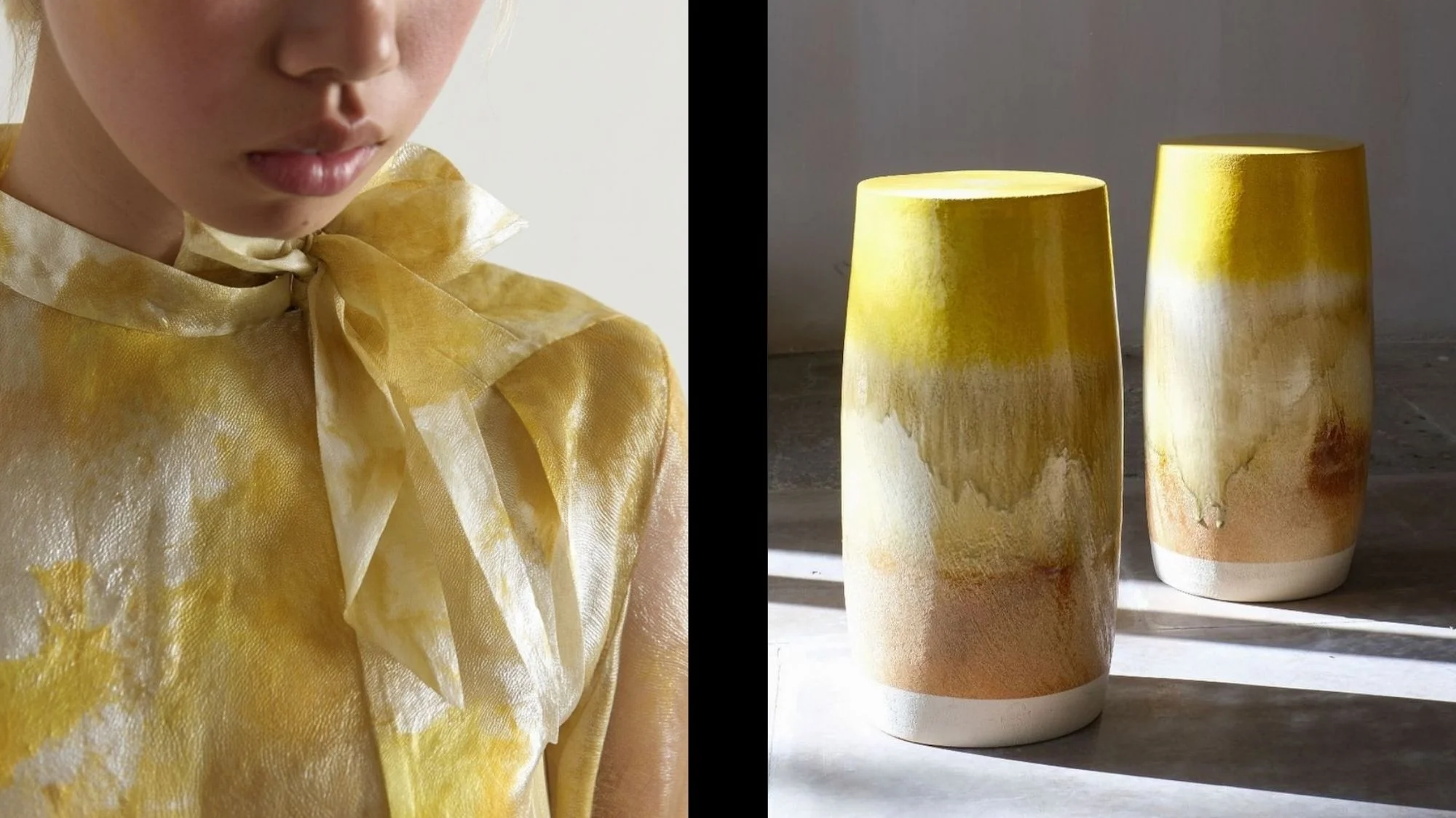 Close-up of yellow textured fabric on a model paired with glazed ceramic stools in soft ochre tones — expressing material tactility and natural design.