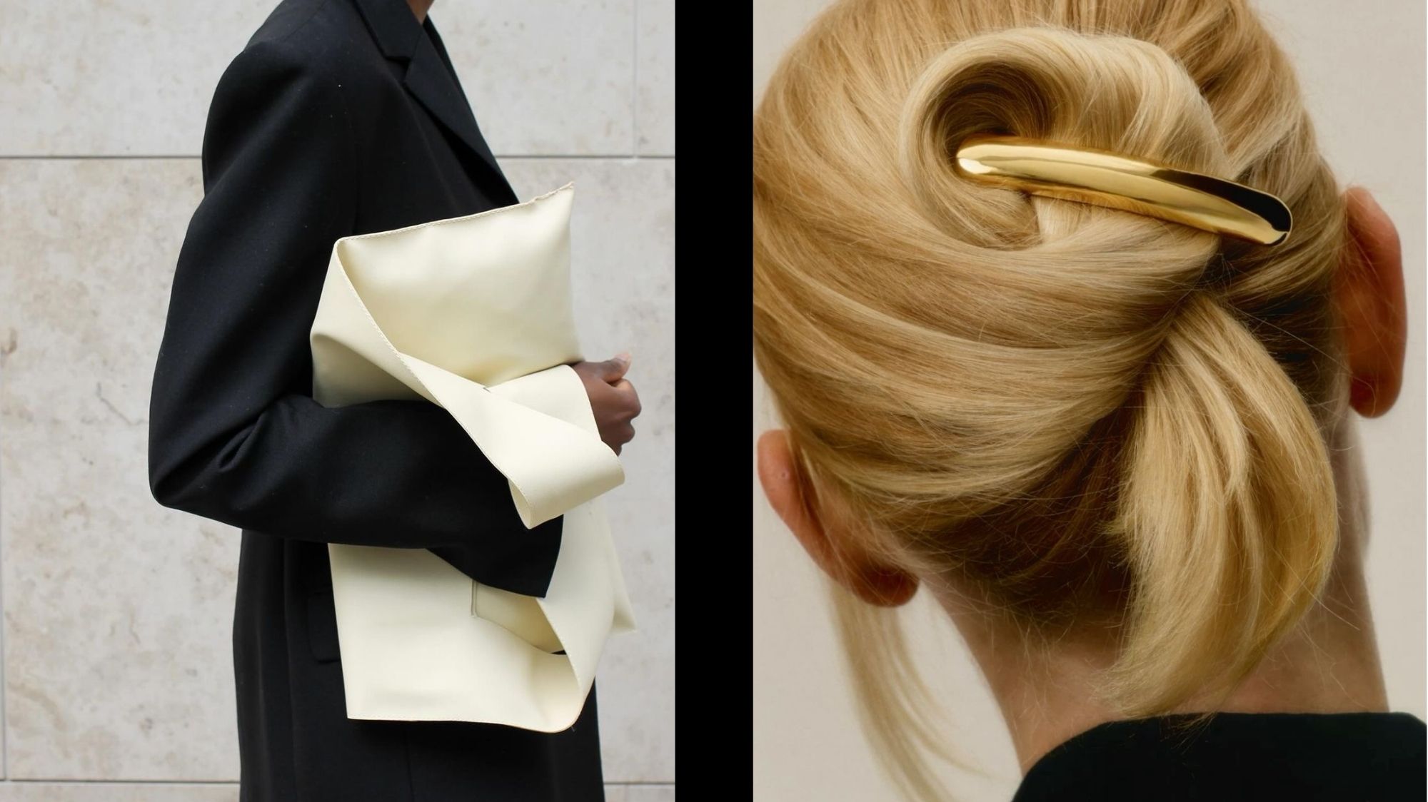 Woman in black blazer holding sculptural ivory clutch paired with close-up of blonde hair styled with a gold clip — expressing quiet elegance and minimal sophistication.