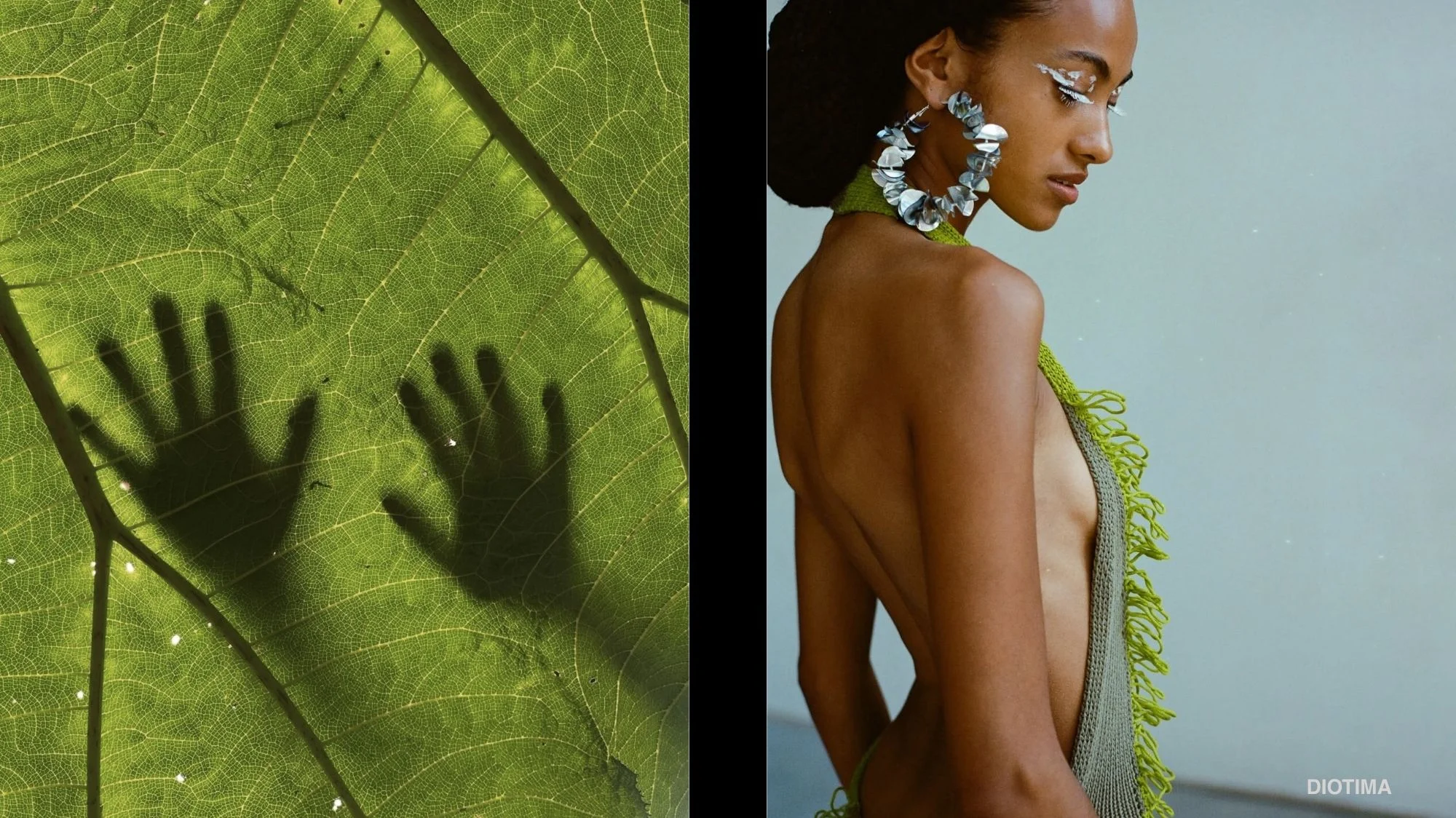 Shadow of hands behind a large leaf paired with a model in a backless fringe-knit Diotima dress — expressing the Extreme Naturalism trend for SS27.