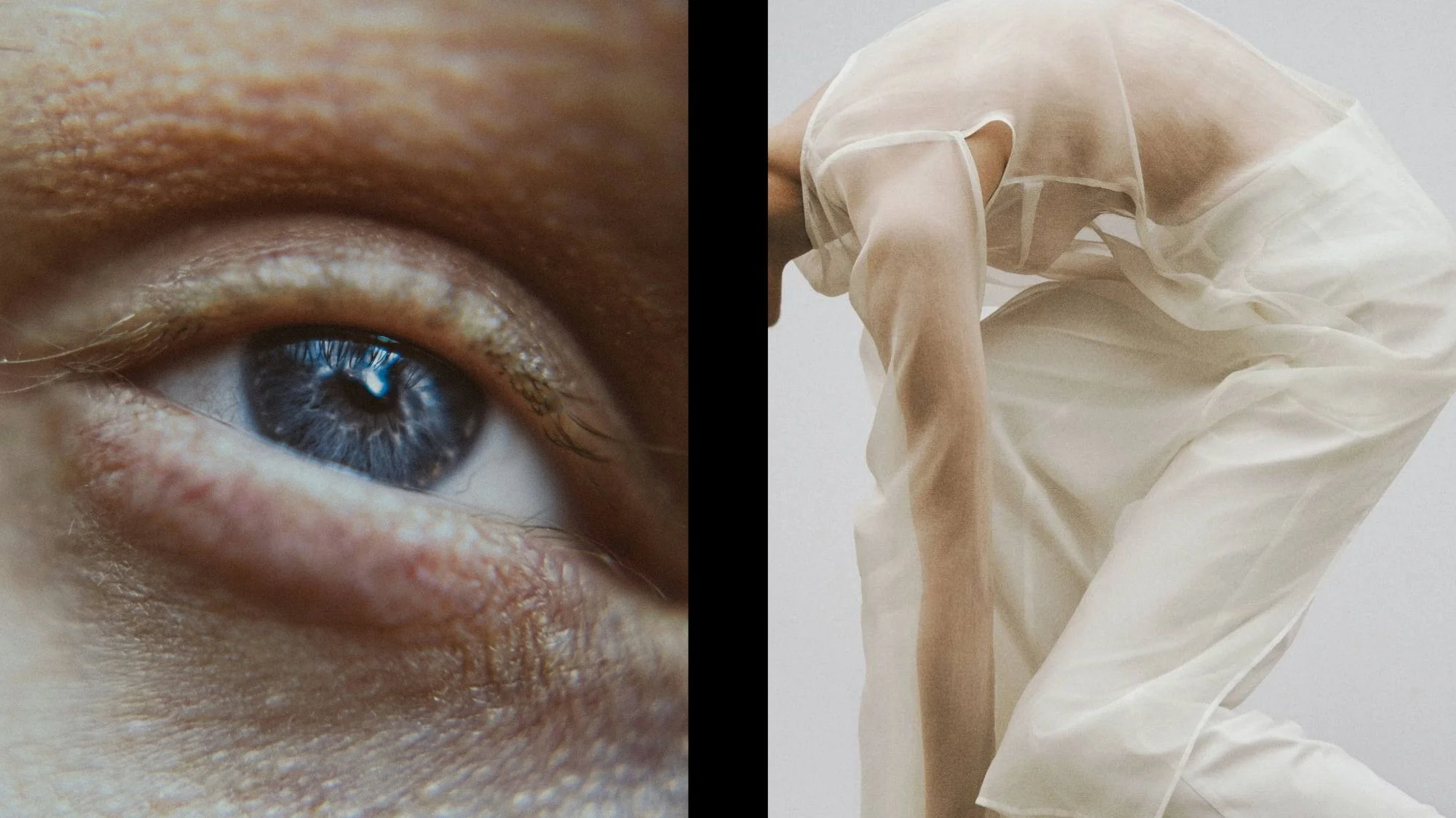 Close-up of a blue eye paired with a model in sheer ivory fabric — a visual metaphor for emotional intelligence and sensory design in fashion.