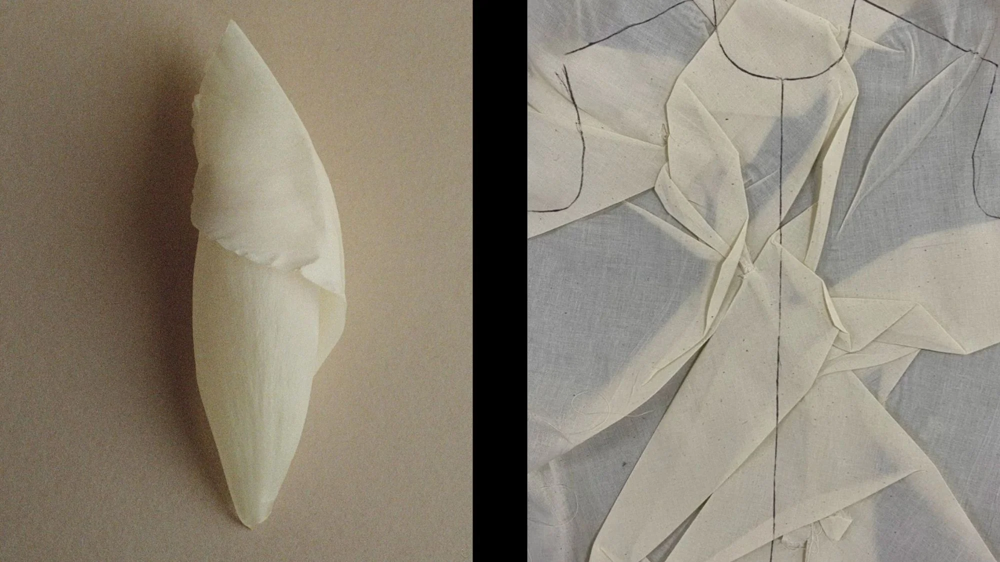 Soft sculptural petal form and pinned fabric draping pattern — expressing regenerative fashion minimalism and biomorphic design process.