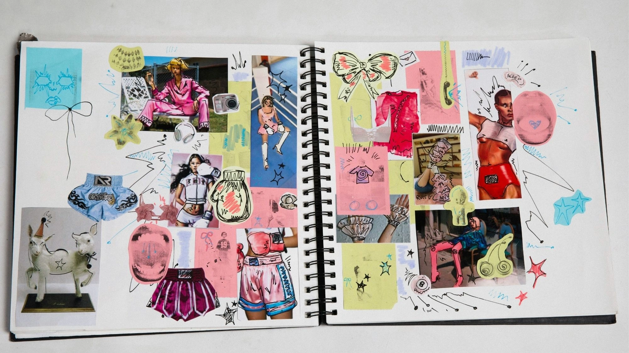 Colorful fashion sketchbook collage with boxing shorts, figures, doodles, and cutouts — a visual from a trend forecasting tool for influencers and creators.