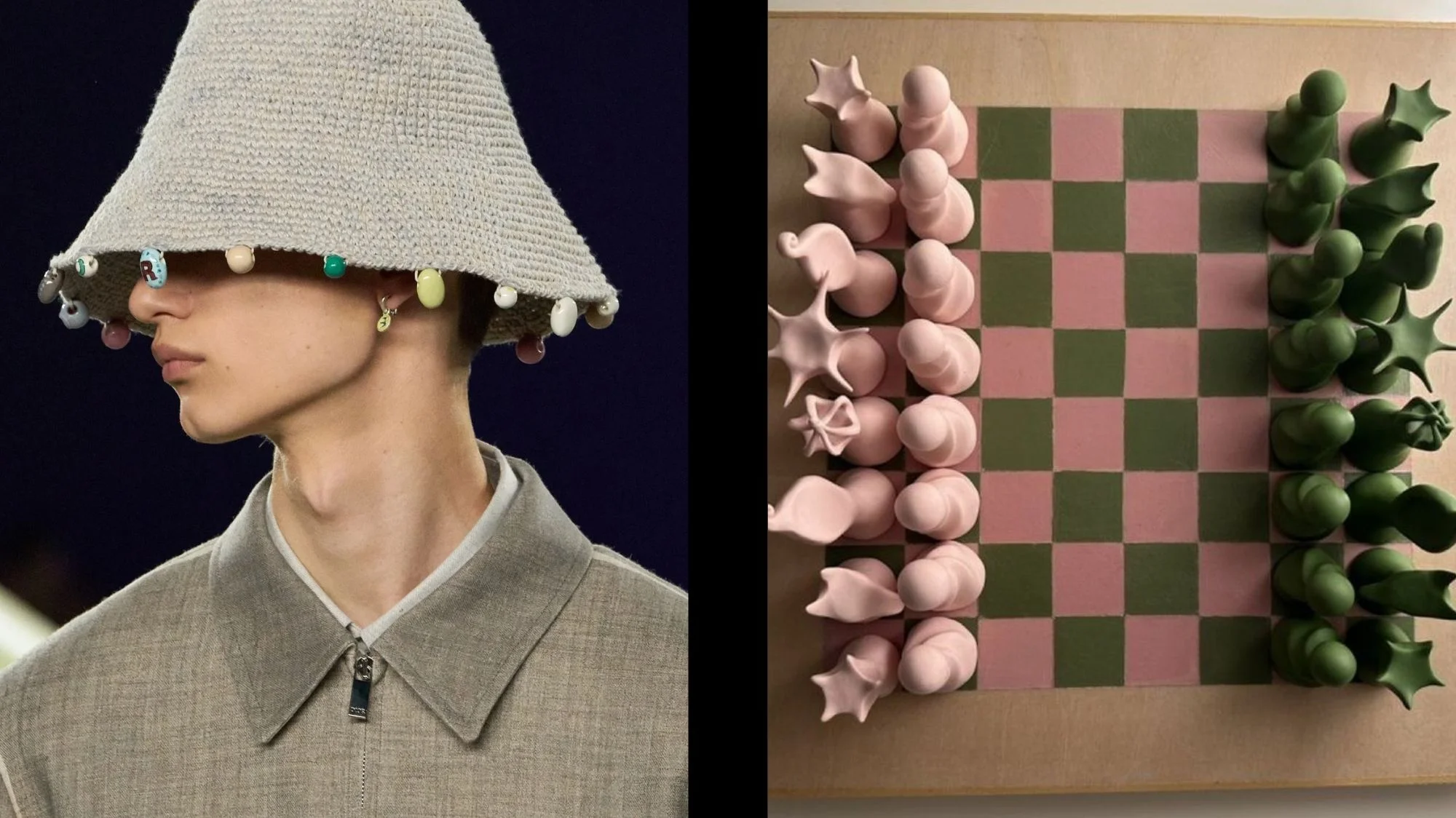Model in a crochet hat with beaded fringe beside a pink and green sculptural chessboard — symbolizing playful intelligence and soft utility in design.