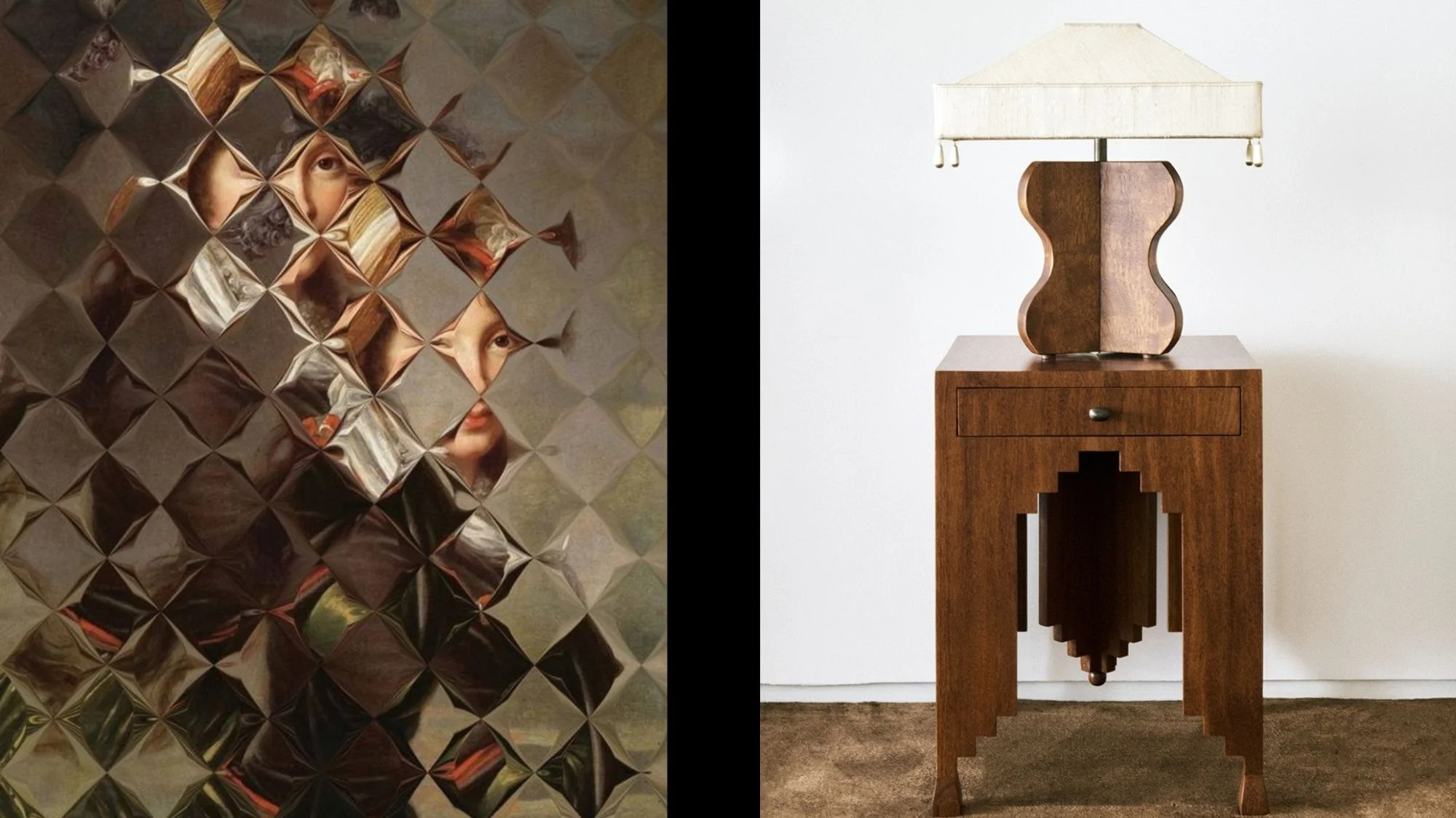 Side-by-side Modern Heritage moodboard featuring a fragmented classical portrait and an Art Deco-inspired wooden table with sculptural lamp, curated by C2 Fashion Studio, a leading trend forecasting agency.