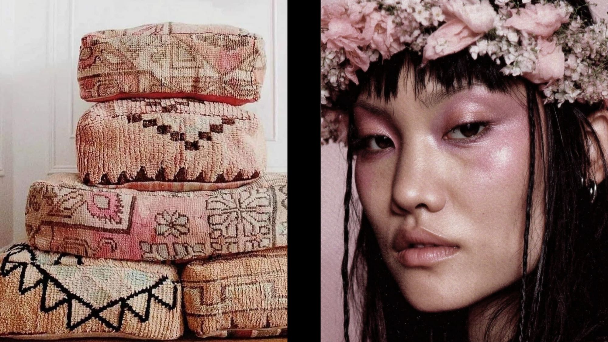 Stacked handwoven poufs with tribal motifs alongside a portrait of a model with floral headpiece and pink-toned makeup, symbolizing cultural storytelling and bohemian aesthetics in fashion forecasting by C2 Fashion Studio, a global trend forecasting agency.
