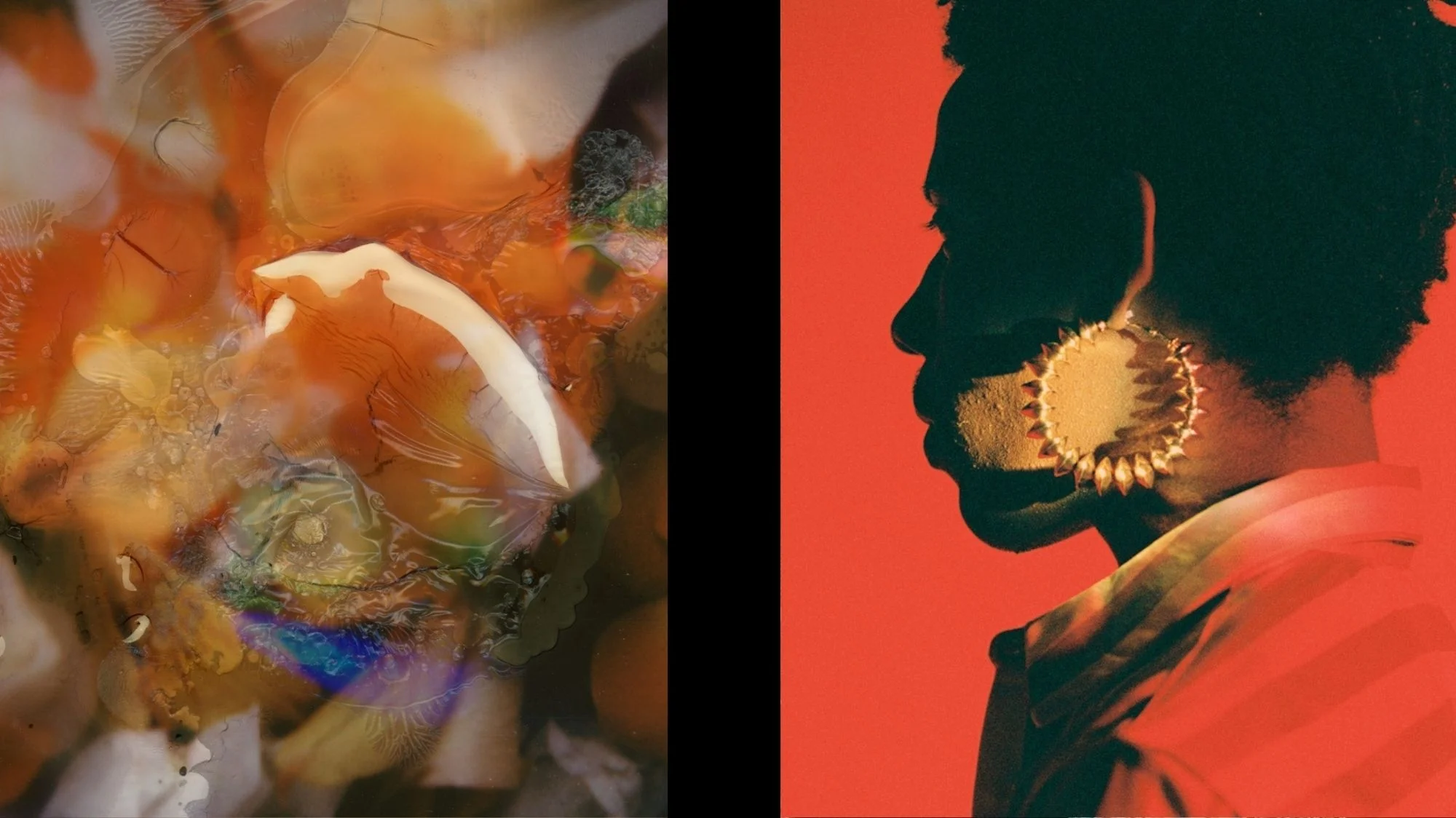 Abstract orange-toned artwork paired with a striking silhouette portrait against a red background, symbolizing the shift from micro-trends to cultural vibes, curated by a trend forecasting agency.