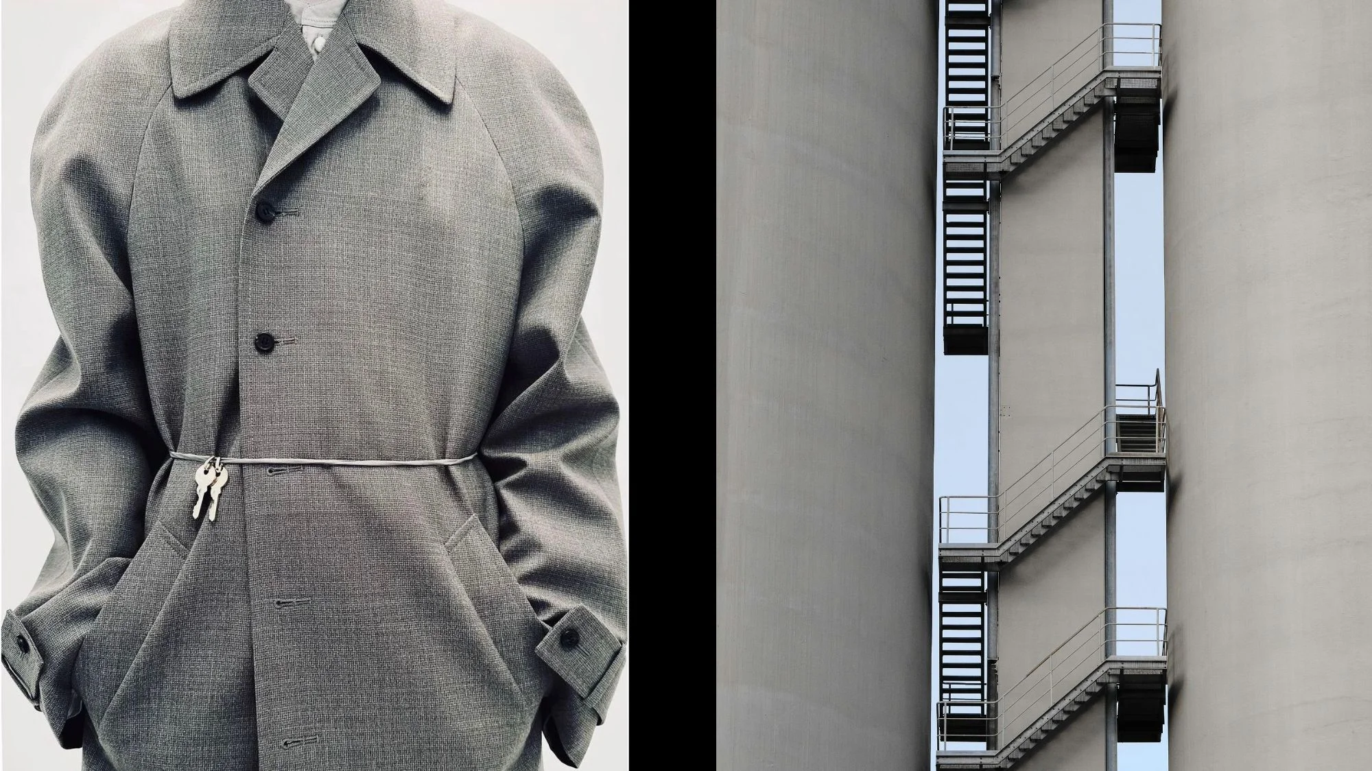 Grey tailored coat with minimalist key detail juxtaposed with architectural staircase — hybrid fashion and design inspiration AW 2026 2027