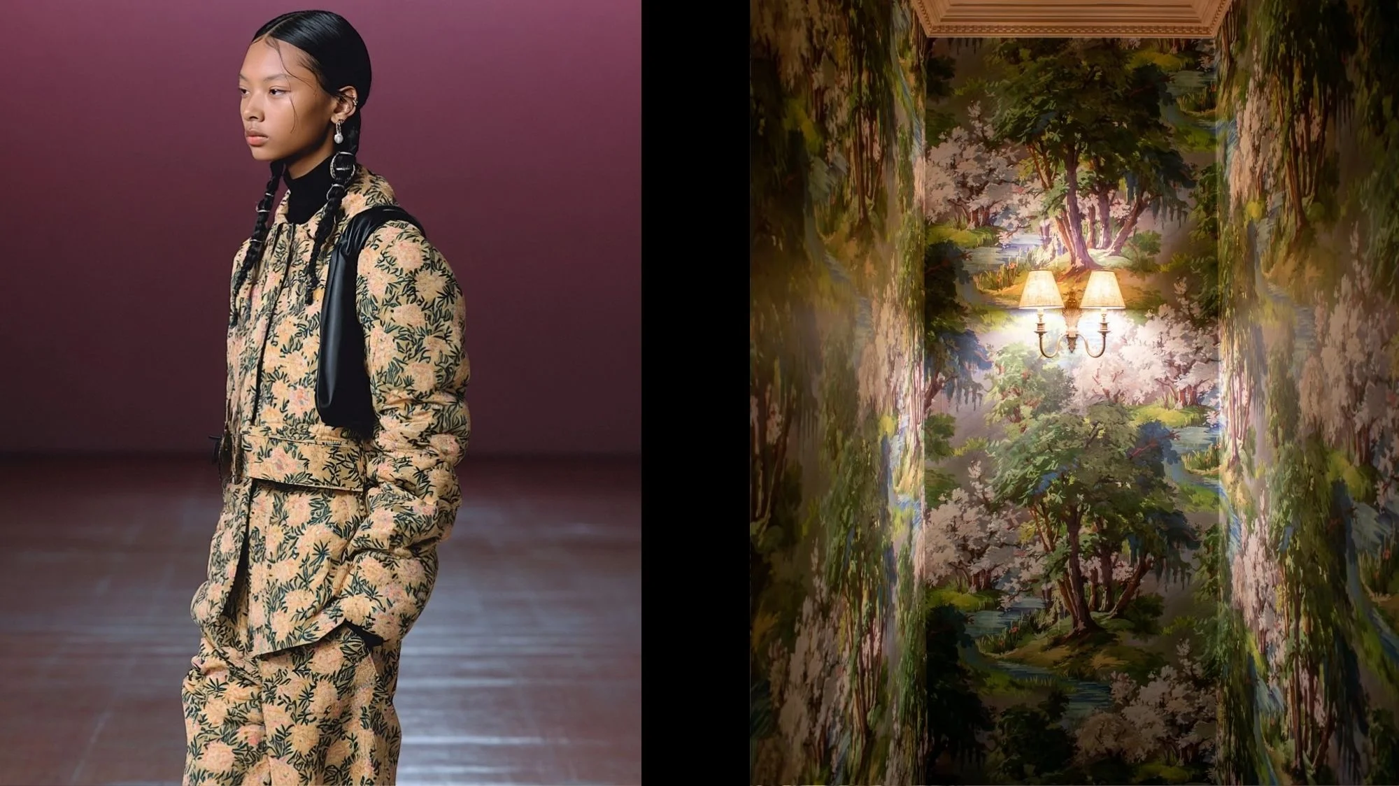 Side-by-side Modern Heritage moodboard with a model in a floral quilted suit on the runway and a hallway adorned with lush, nature-themed wallpaper, curated by C2 Fashion Studio, a leading trend forecasting agency.