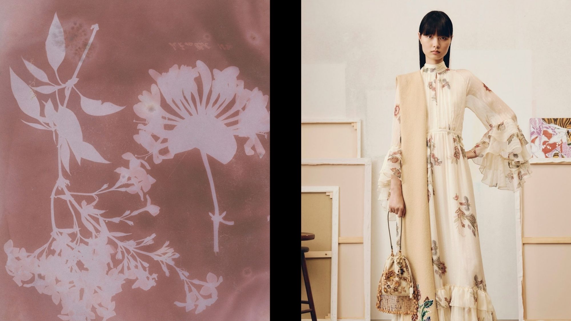 Floral print dress with ruffled sleeves paired with embroidered bag, alongside botanical illustration, representing cultural storytelling and craft in fashion forecasting by C2 Fashion Studio, a global trend forecasting agency.