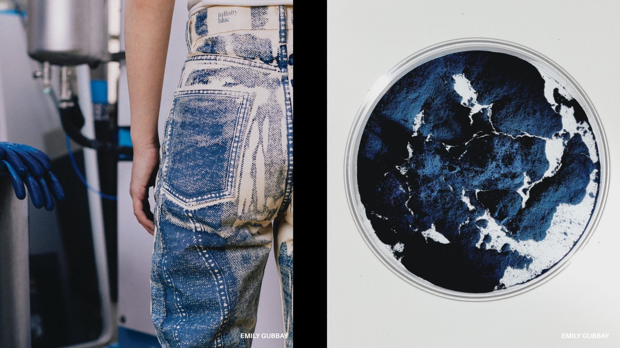 Close-up of sustainable denim with experimental indigo dyeing alongside a petri dish of blue pigment, representing innovation in fashion and trend forecasting for Spring Summer 2027 2028 by C2 Fashion Studio, a global trend forecasting agency.