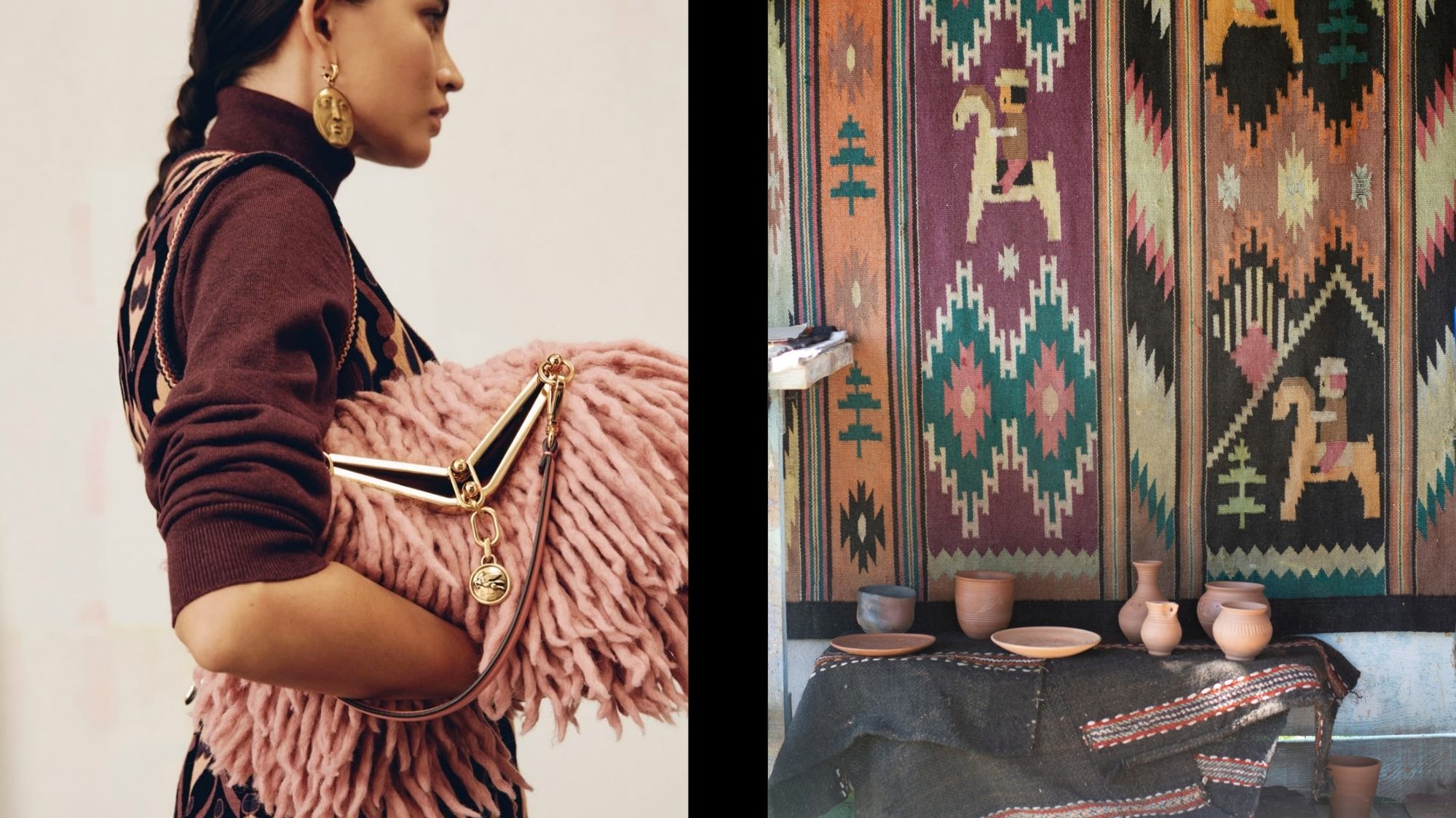Model with bohemian-inspired outfit, oversized textured pink bag, and artisan earrings next to traditional woven textiles and pottery, illustrating cultural nomadism in fashion forecasting by C2 Fashion Studio, a leading trend forecasting agency.