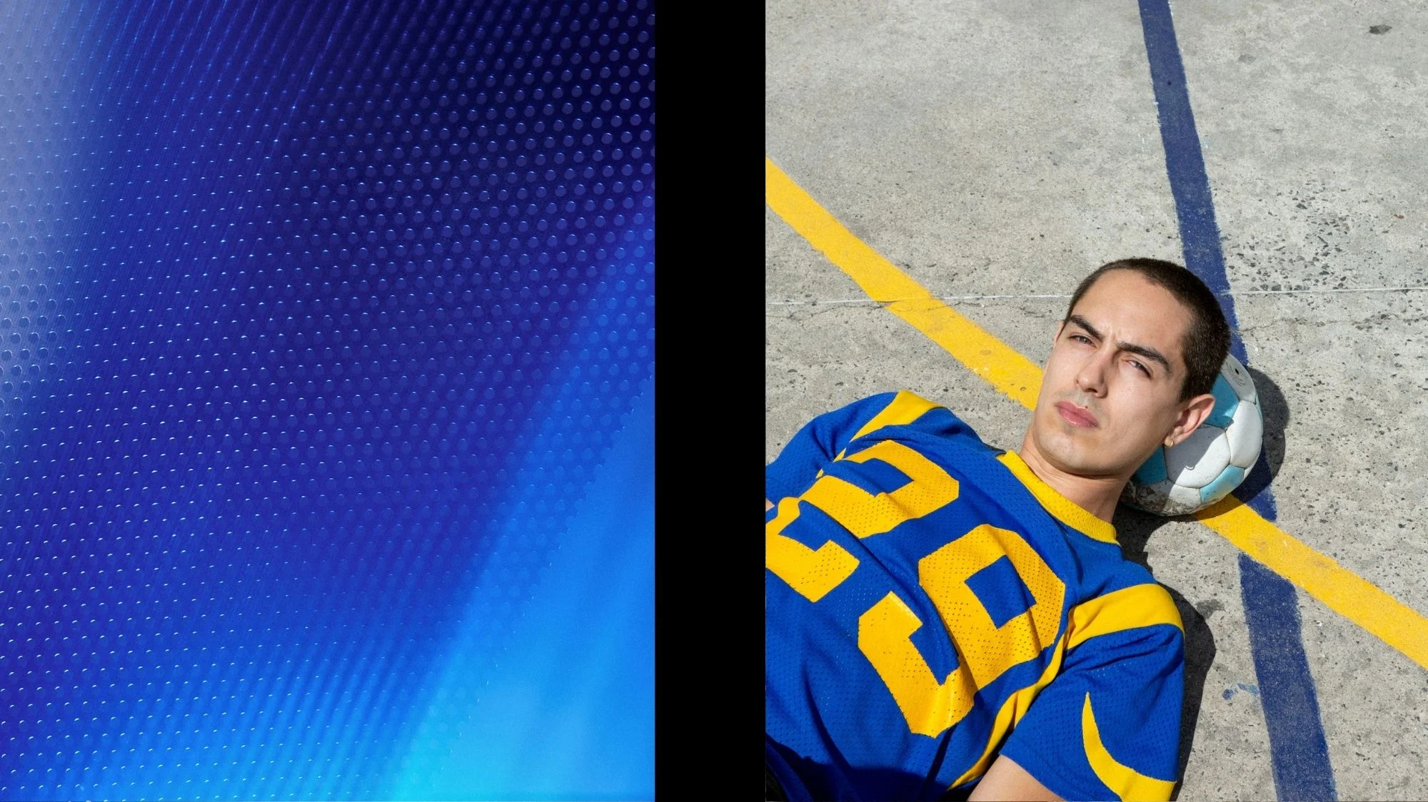 Split composition showing a textured blue digital gradient and a man in a blue-and-yellow sports jersey lying on a concrete court with a football, curated by a trend forecasting agency to illustrate cultural shifts in fashion forecasting.