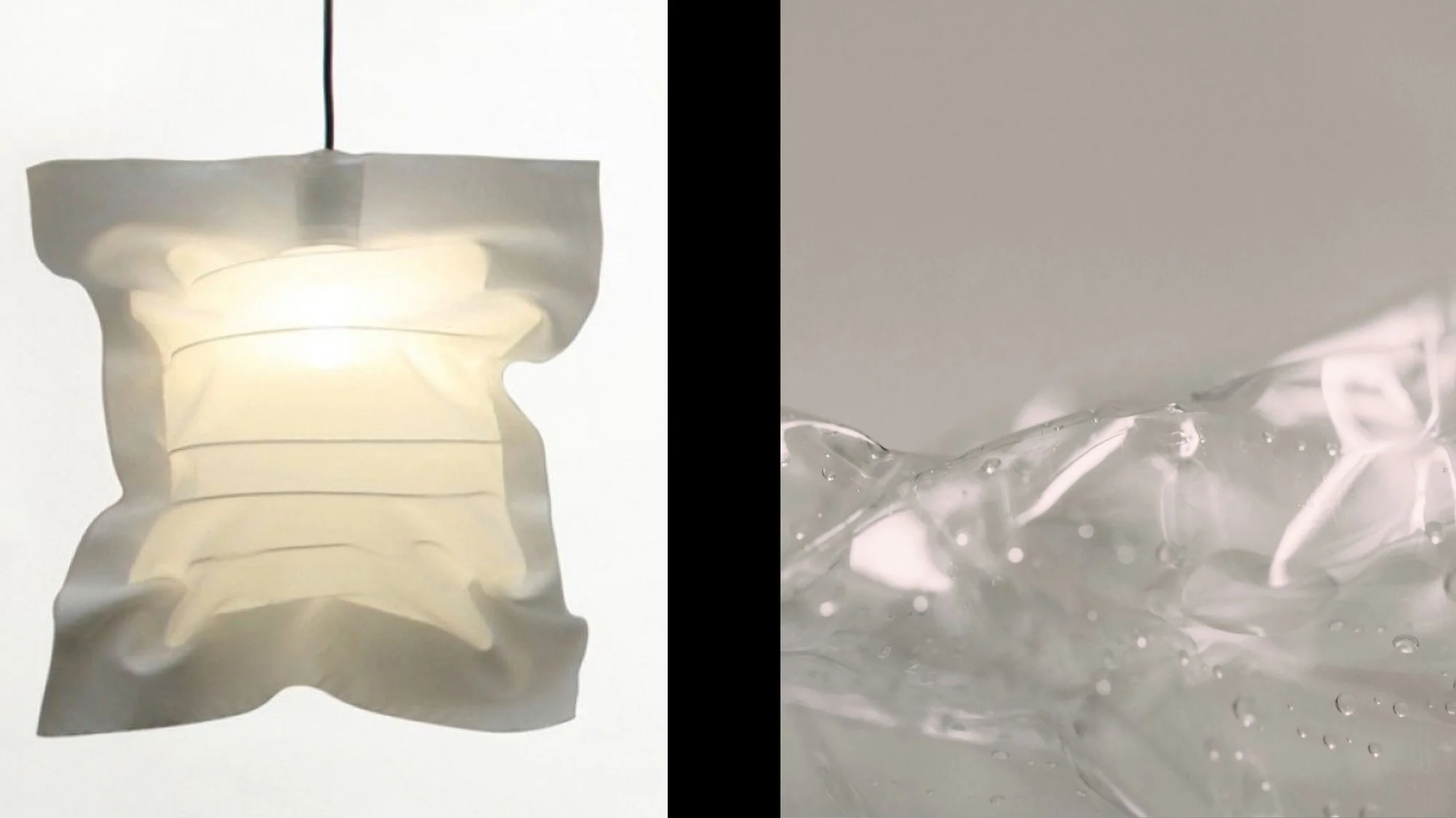 Sculptural white lamp with soft folds and close-up of dewy translucent plastic — exploring softness in material and light