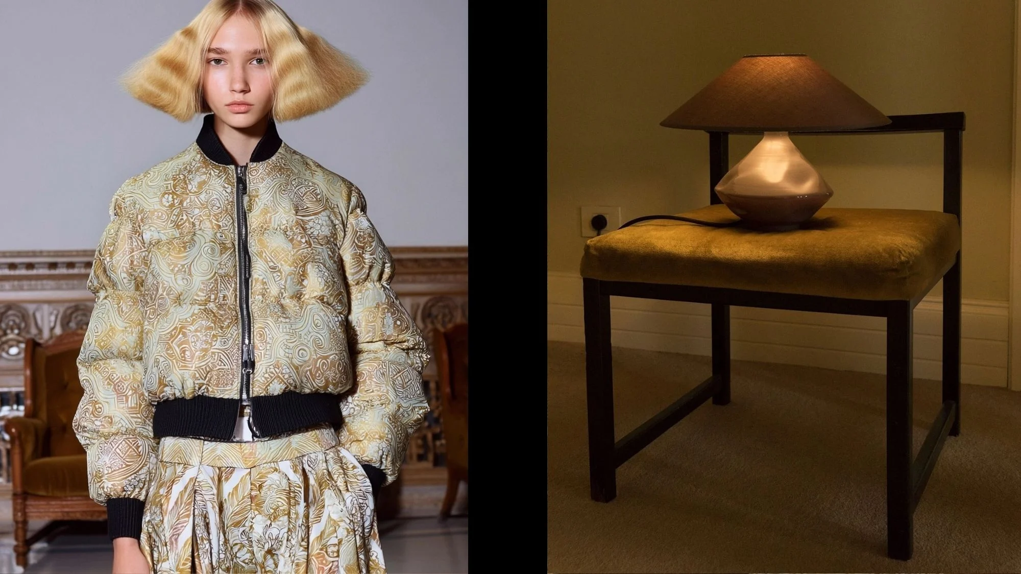Side-by-side Modern Heritage moodboard with a model in a gold and cream patterned puffer jacket and skirt, and a minimalist lamp placed on an upholstered chair, curated by C2 Fashion Studio, a leading trend forecasting agency.