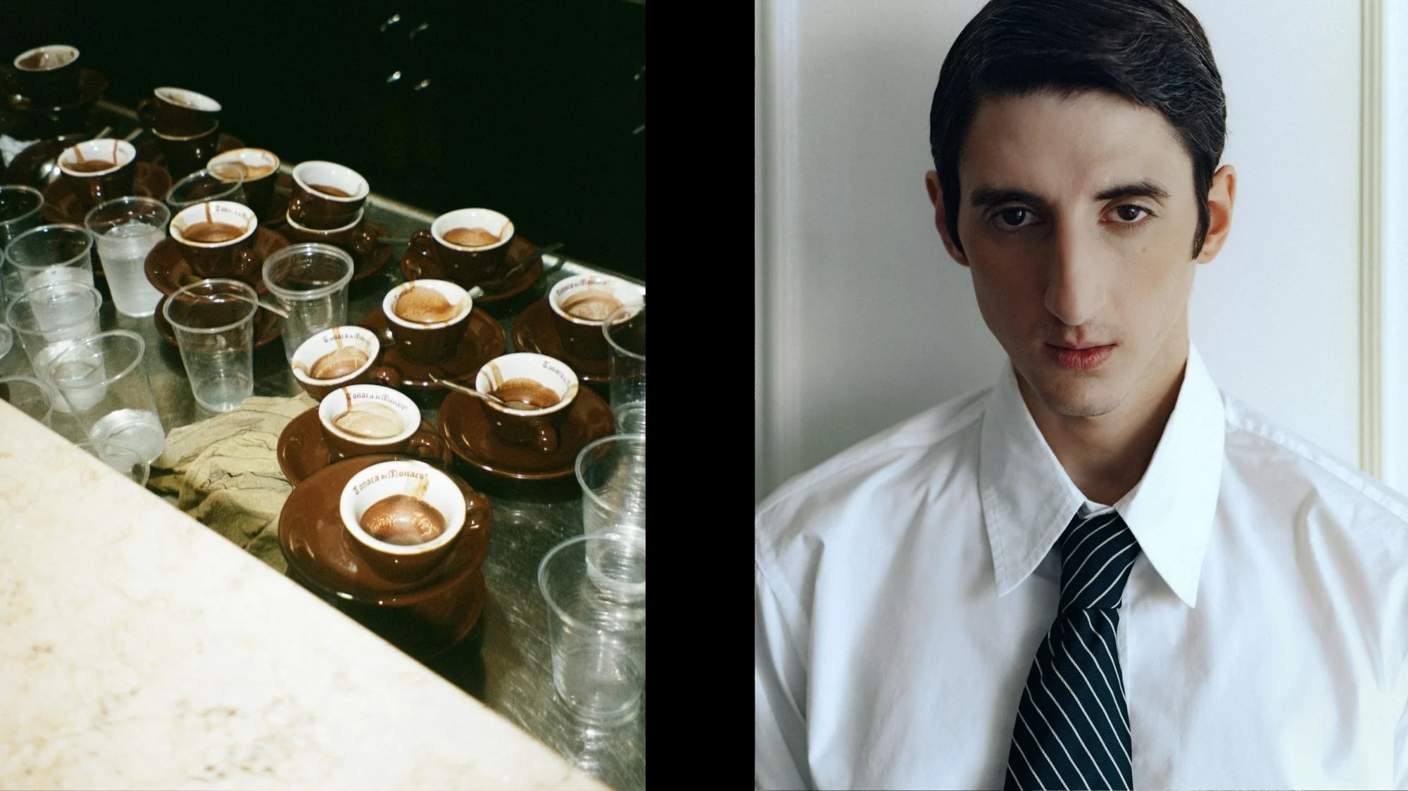 Split composition showing a tray of used espresso cups and plastic glasses on the left, contrasted with a portrait of a man in a white shirt and striped tie on the right, curated by a trend forecasting agency to symbolize cultural shifts in identity and lifestyle.