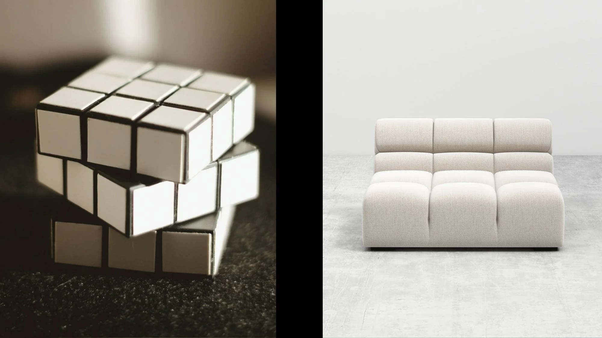 White mirrored Rubik’s Cube next to a modular cream sofa — geometric inspiration for hybrid fashion and interior design