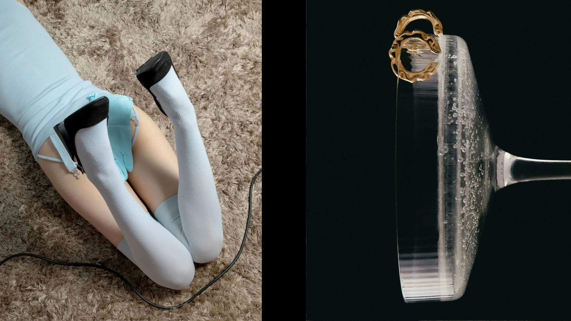 Diptych of contemporary fashion and lifestyle aesthetics: on the left, a figure in pale blue stockings and heels posed on a textured carpet; on the right, golden rings balanced on the rim of a sparkling glass, curated by a trend forecasting agency.